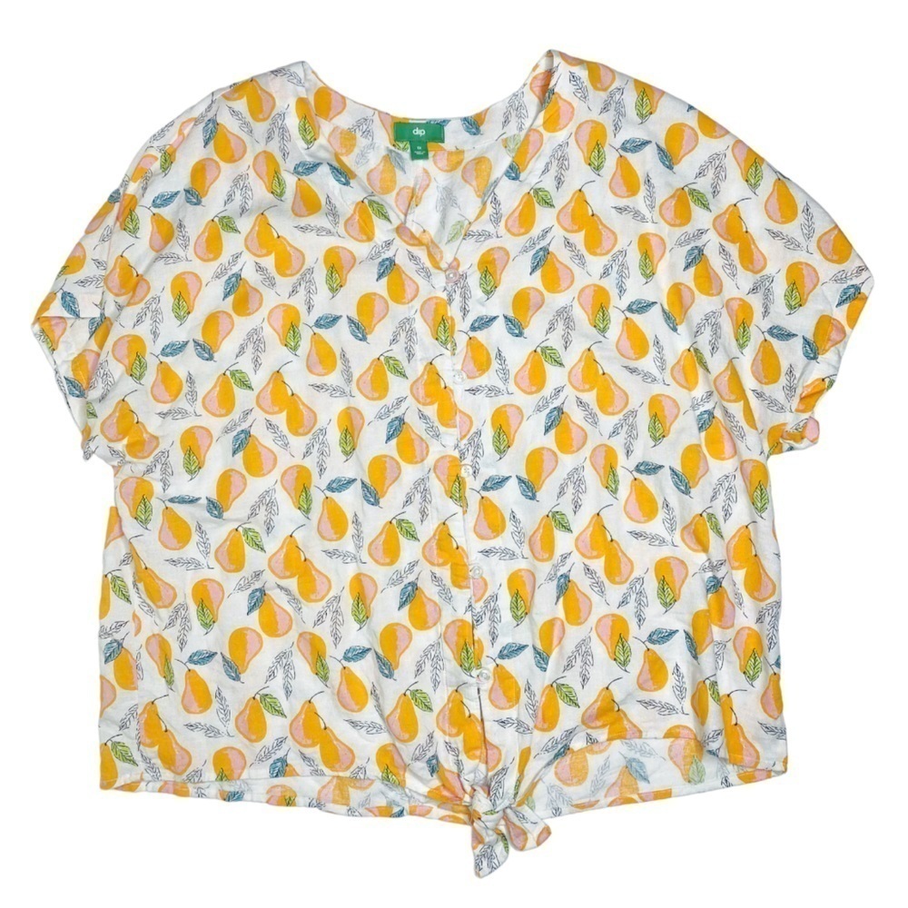 Dip Tie Front Pear Fruit Print Plus Size Top Short Sleeve Linen Blend Sz 1X